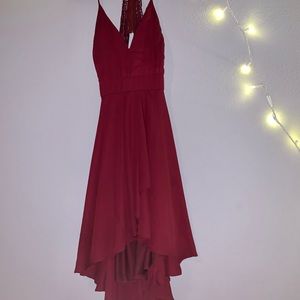 High low dress . Wine color .